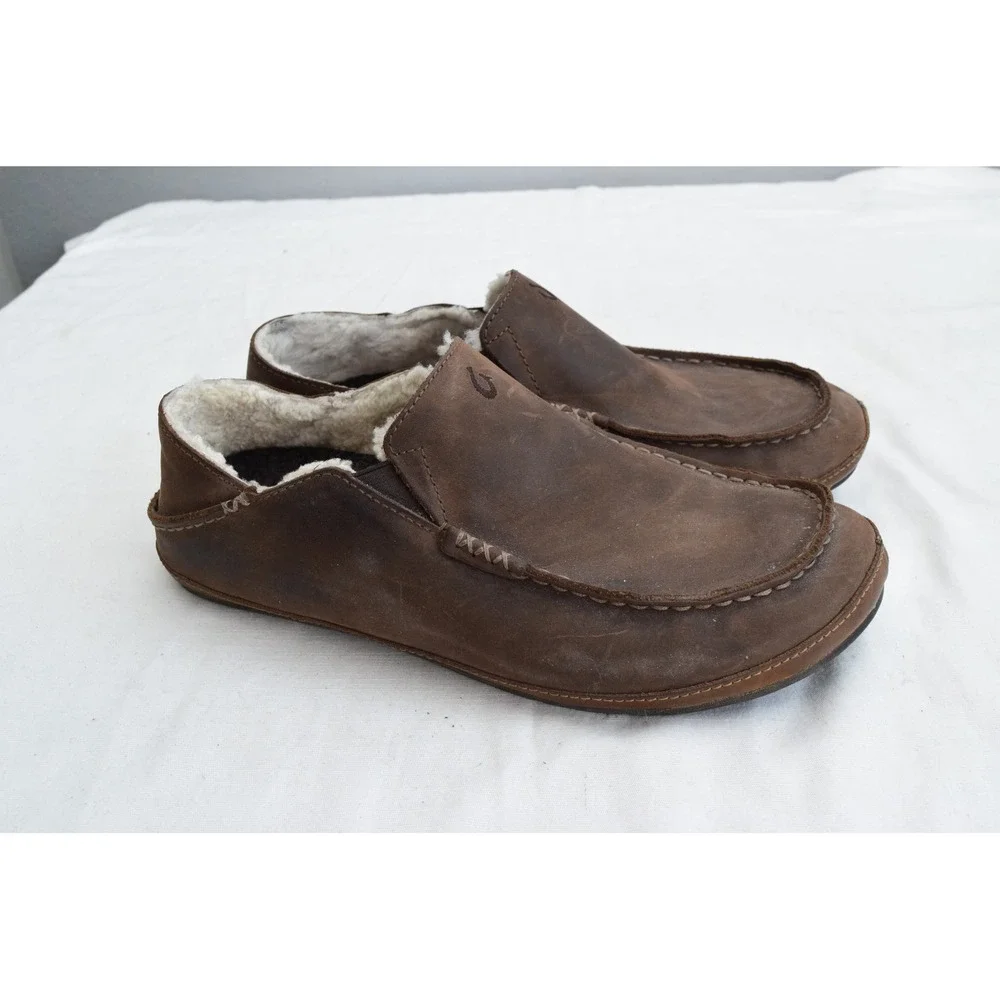 OluKai Moloa Slipper 9 Dark Wood Leather Shearling Mens Moccasin 10252-6363